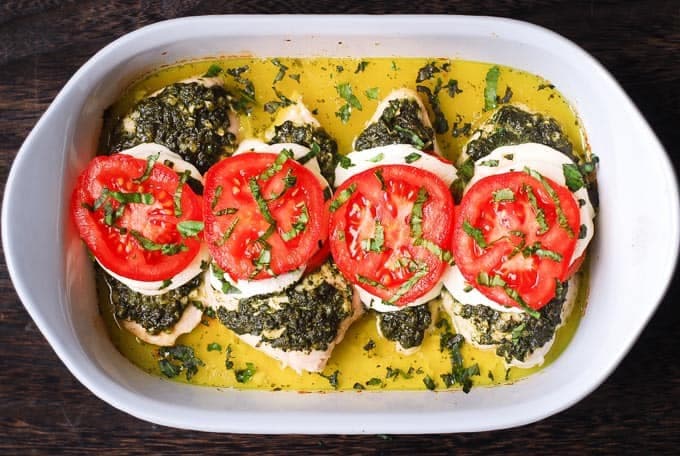 Basil Pesto Tomato Mozzarella Chicken Bake